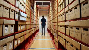 Aisles of archives in boxes on shelves