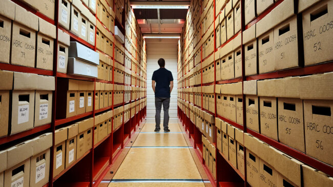 Aisles of archives in boxes on shelves