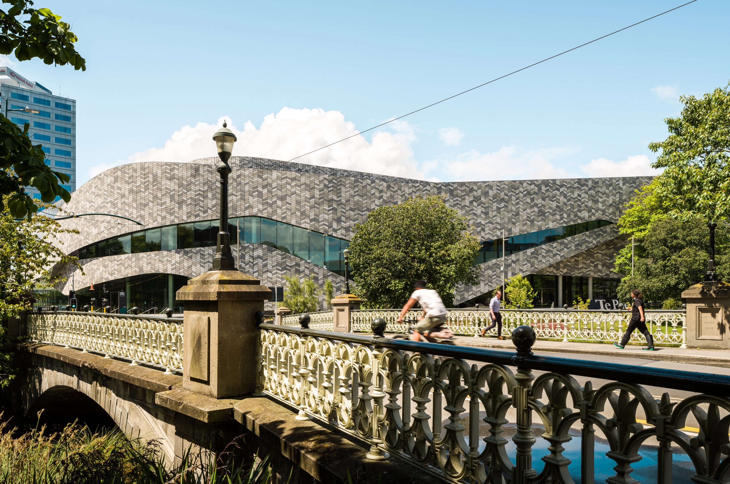 Te Pae Conference Centre from Gloucester Street Bridge over the Avon River.