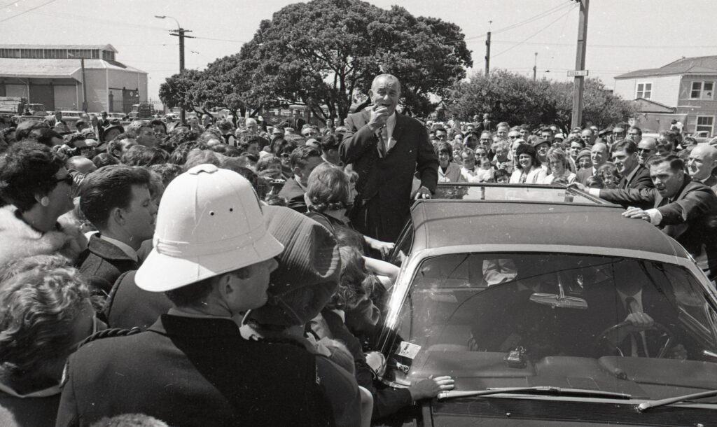 President Lyndon Johnson speaks to crowds in Wellington, 1966