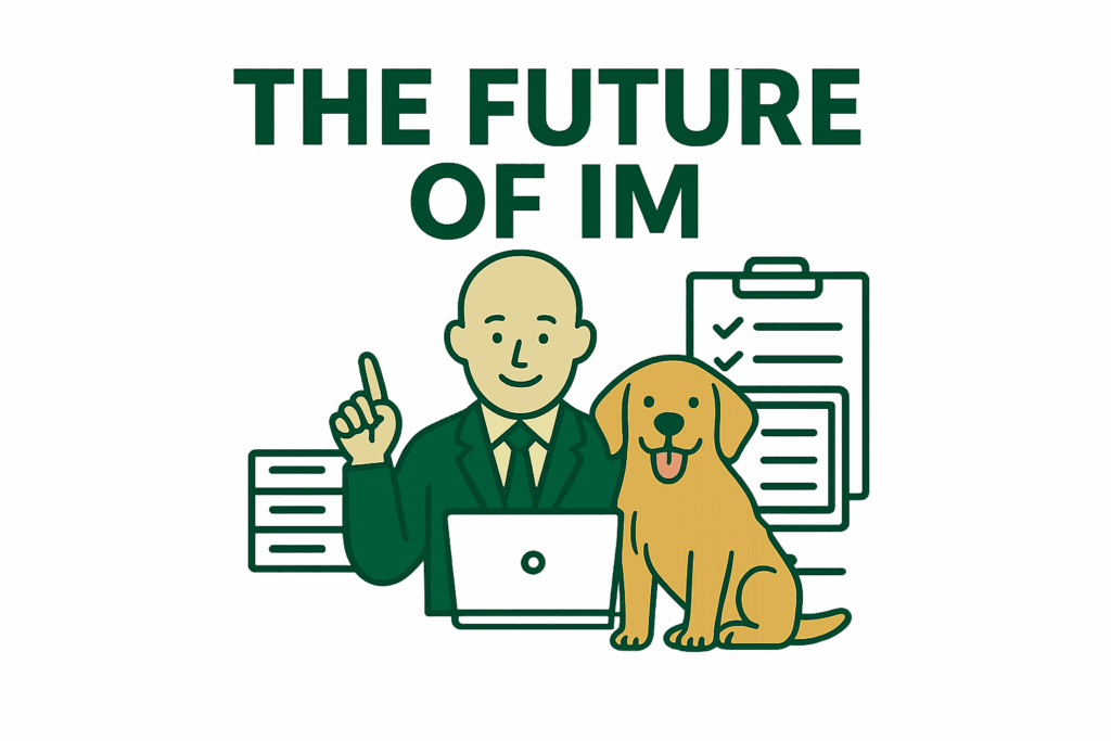 Bald guy and Golden Retriever with records and a laptop managing information