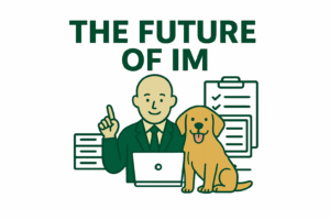 Bald guy and Golden Retriever with records and a laptop managing information