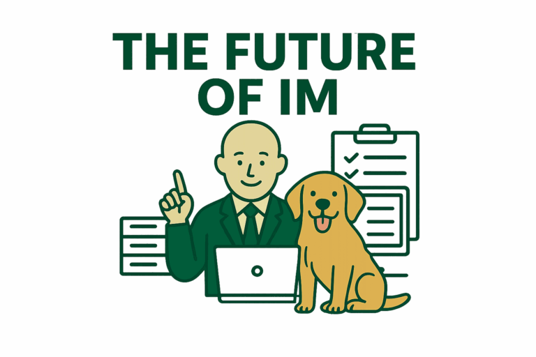 Bald guy and Golden Retriever with records and a laptop managing information