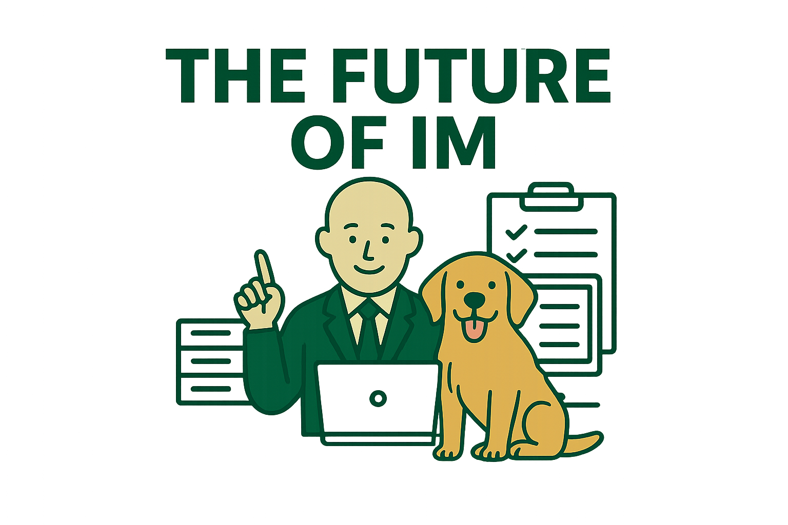 Bald guy and Golden Retriever with records and a laptop managing information