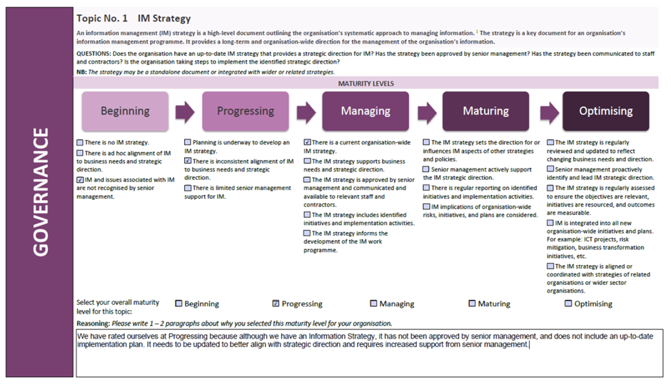 Example of PDF. Topic 1: IM Strategy, from the Archives New Zealand Information Management framework