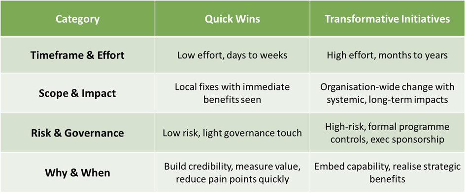 A table defining Quick Wins and Transformative Initiatives