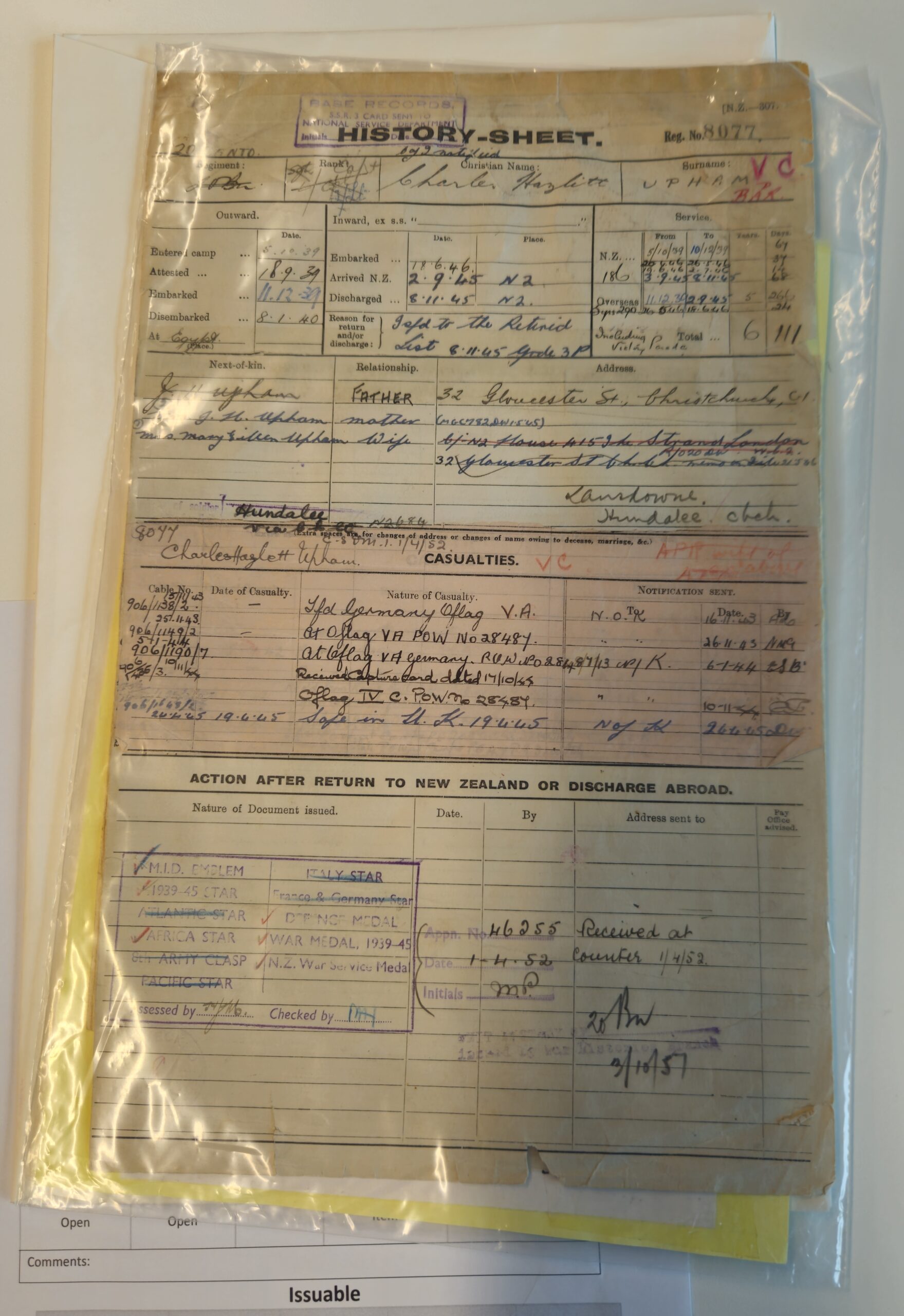 Charles Upham's service record in the NZ Army, World War II
